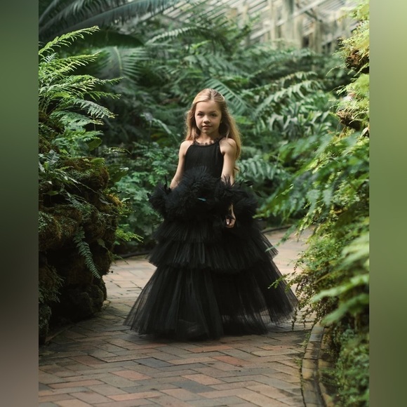 Mac Duggal 20588 Girls High Neck Tulle Dress with Feathers - Picture 4 of 9